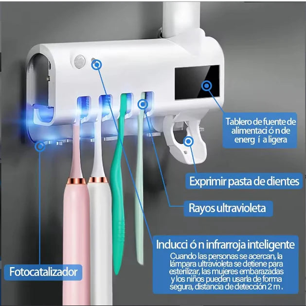 SOPORTE DE CEPILLO CON UV Y DISPENSADOR DE PASTA DENTAL