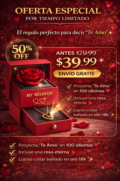 Collar Te amo en 100 idiomas de Plata en caja de rosa ascendente